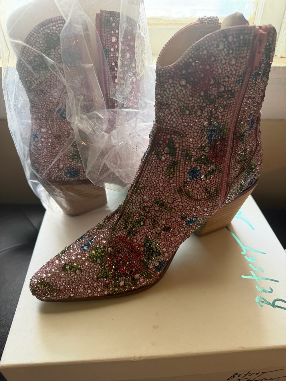 Betsey Johnson Pink Crystal Floral Ankle Booties - Picture 3 of 3